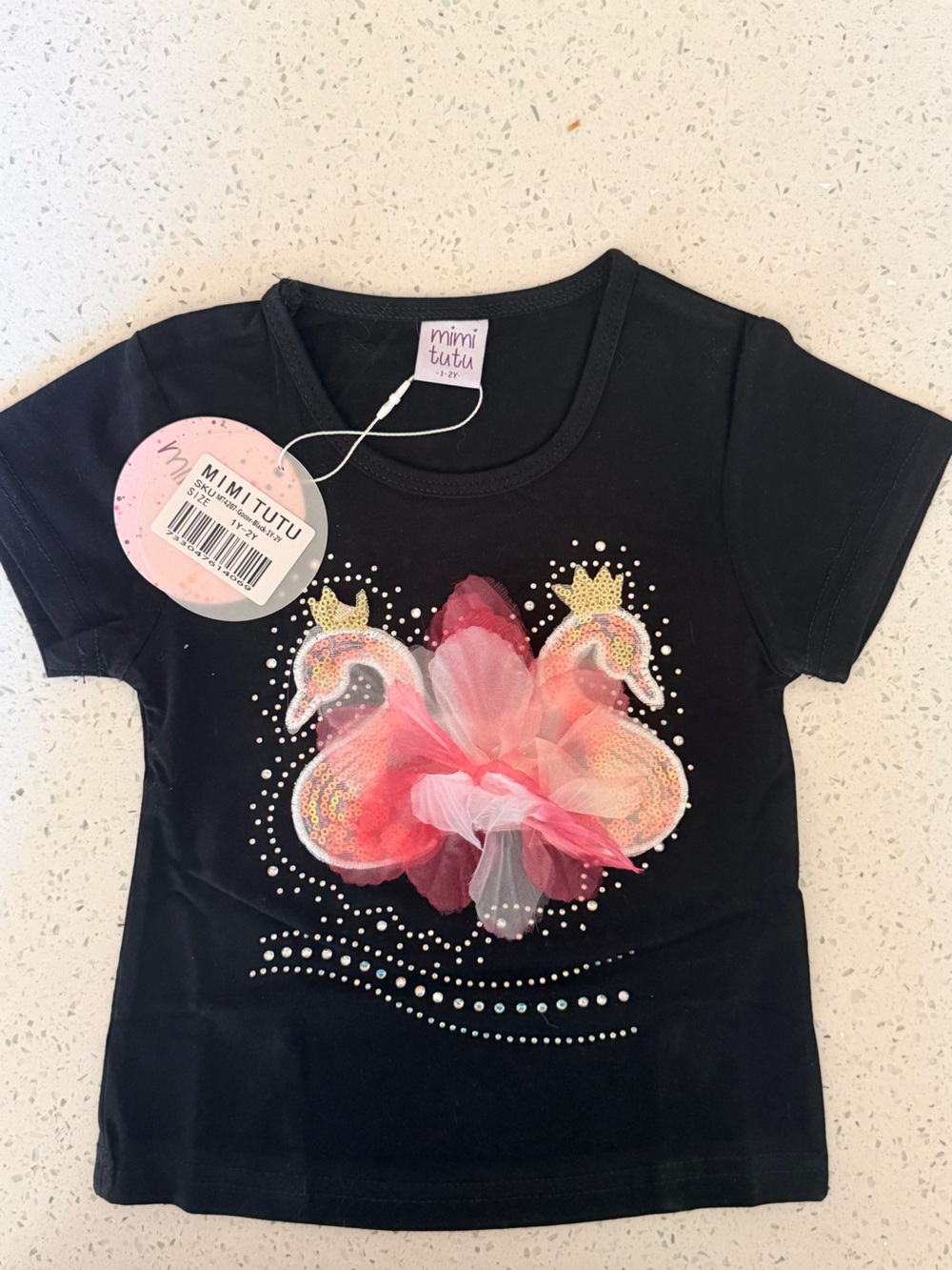 Black Short-Sleeve Tee with Pink Tulle Swans- NWT